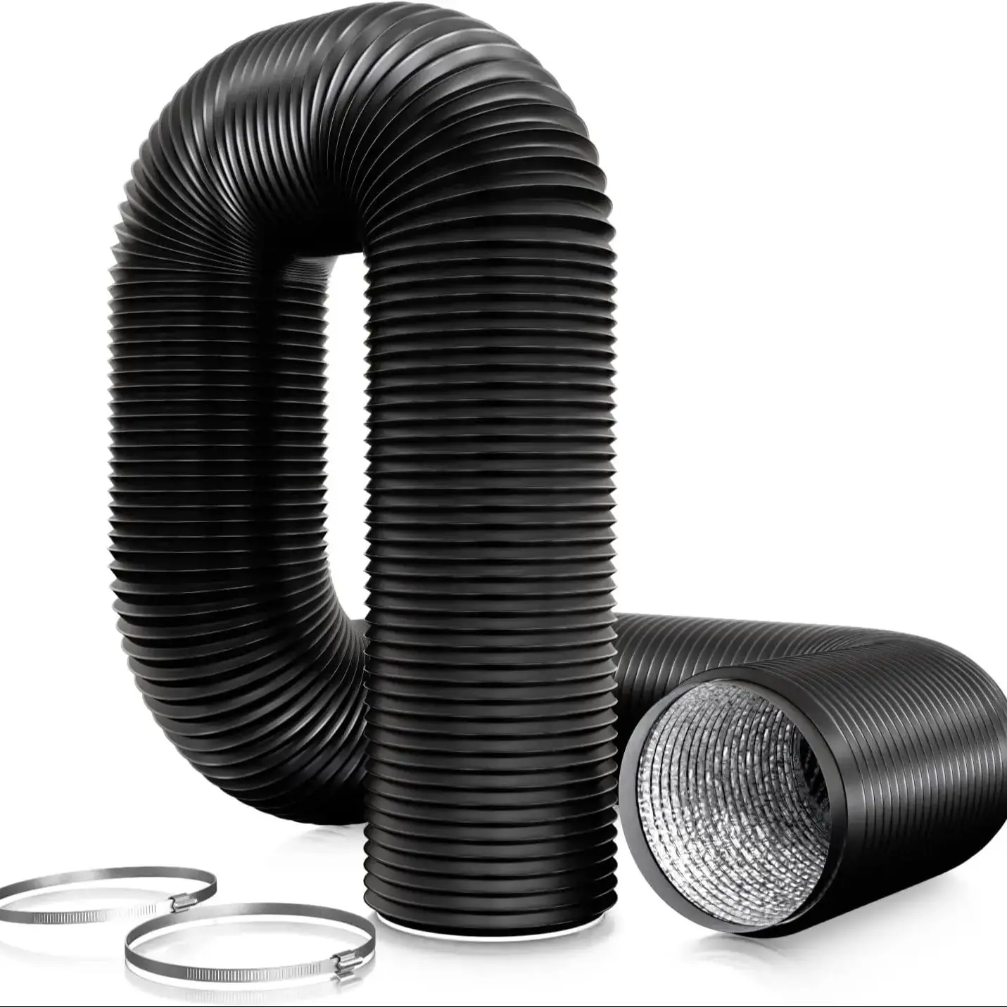 Wąż wentylacyjny Aygrochy Black PVC do odprowadzania powietrza, 100 mm, 6 metrów, z 2 złączkami do klimatyzacji mobilnej i suszarki.