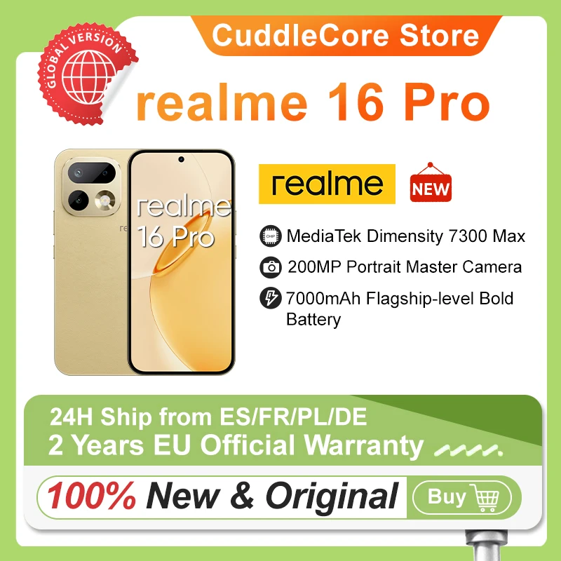 Smartfon realme 16 Pro 5G wersja europejska 2026, MediaTek Dimensity 7300 Max, ekran AMOLED 6,78'' 144Hz, nowy, aparat 200MP, bateria 6500mAh.