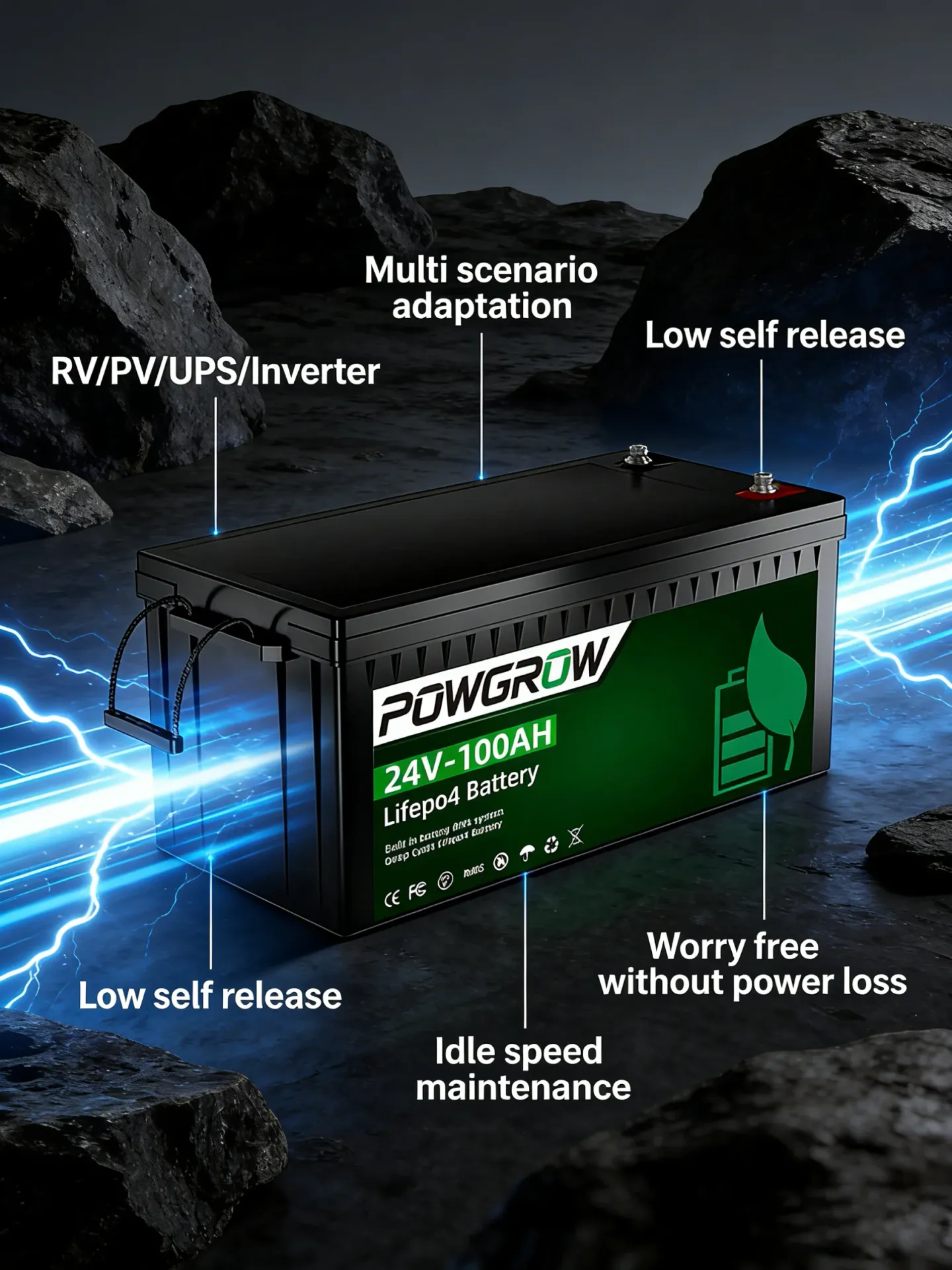 POWGROW 300Ah Bateria LifePo4 12V/24V 100Ah Litowa Bateria Solarna Ogniwa Klasy A Bateria Żelazowo-Fosforanowa +6000 Cykli Wbudowany BMS Magazyn Energii Domowej Bez VAT w Polsce
