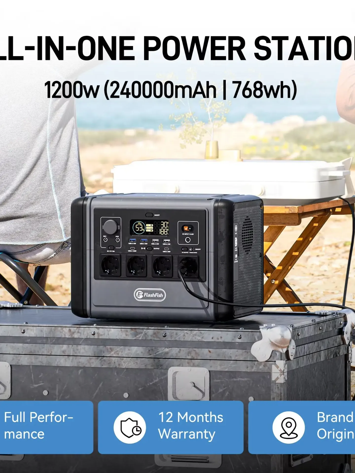Flashfish T1200S Przenośna Stacja Zasilania do Kampera, Panel Słoneczny, Pojemność 768Wh (240000mAh/3.2V), Generator Baterii, 100W PD USB-C, 700W Szybkie Ładowanie