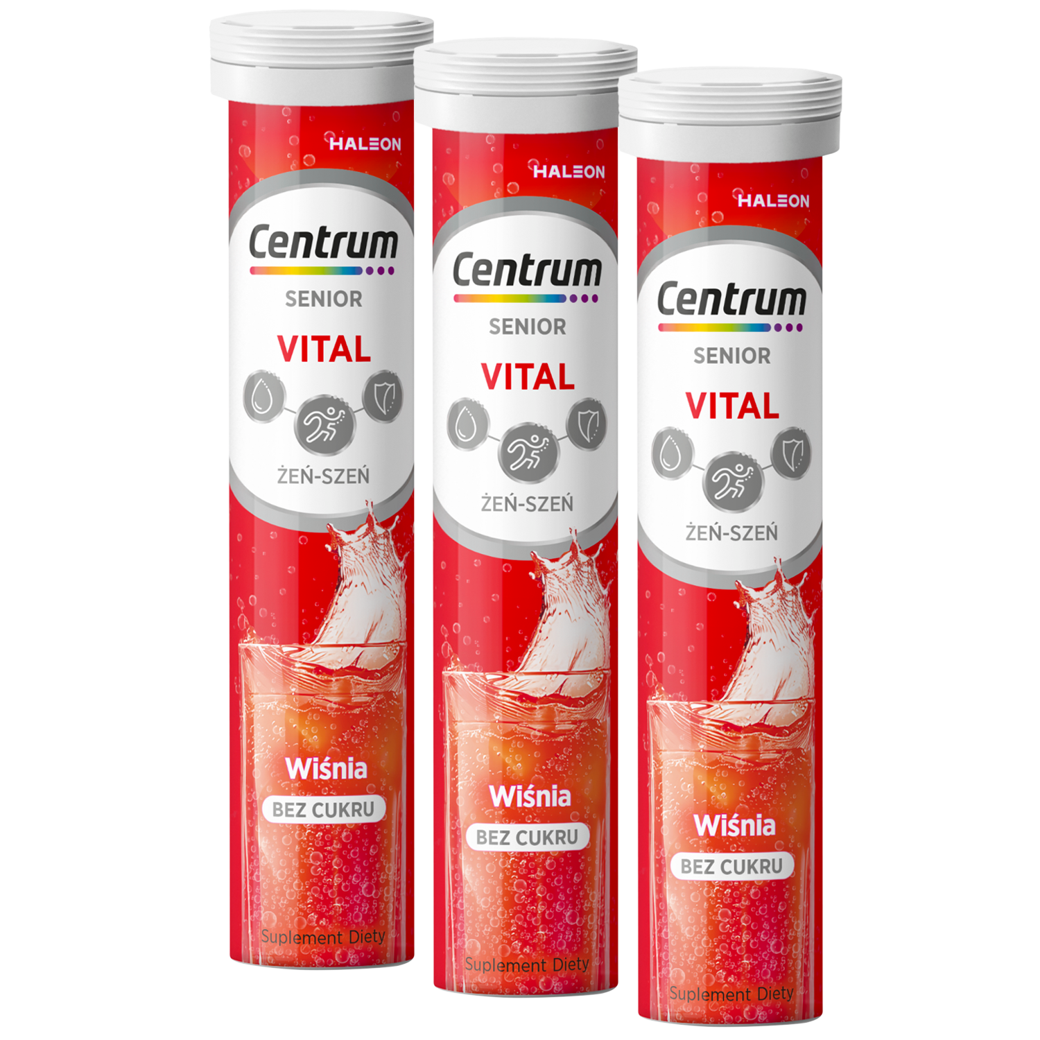 Zestaw Centrum Vital Senior z żeń‑szeniem, smak wiśniowy, 3 x 20 tabletek musujących