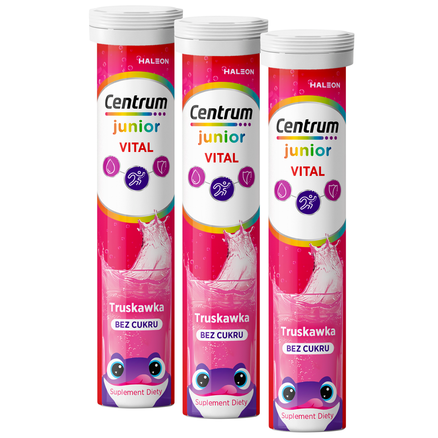 Zestaw Centrum Vital Junior, dla dzieci od 4 lat, smak truskawkowy, 3 x 20 tabletek musujących