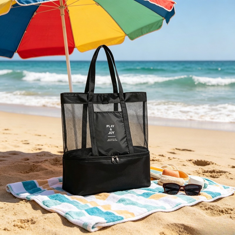 TEMU Pojedyncza, dwuwarstwowa torba plażowa do oddzielania suchych i mokrych rzeczy, czarny materiał, unisex, łatwy w użyciu design, przenośna,
