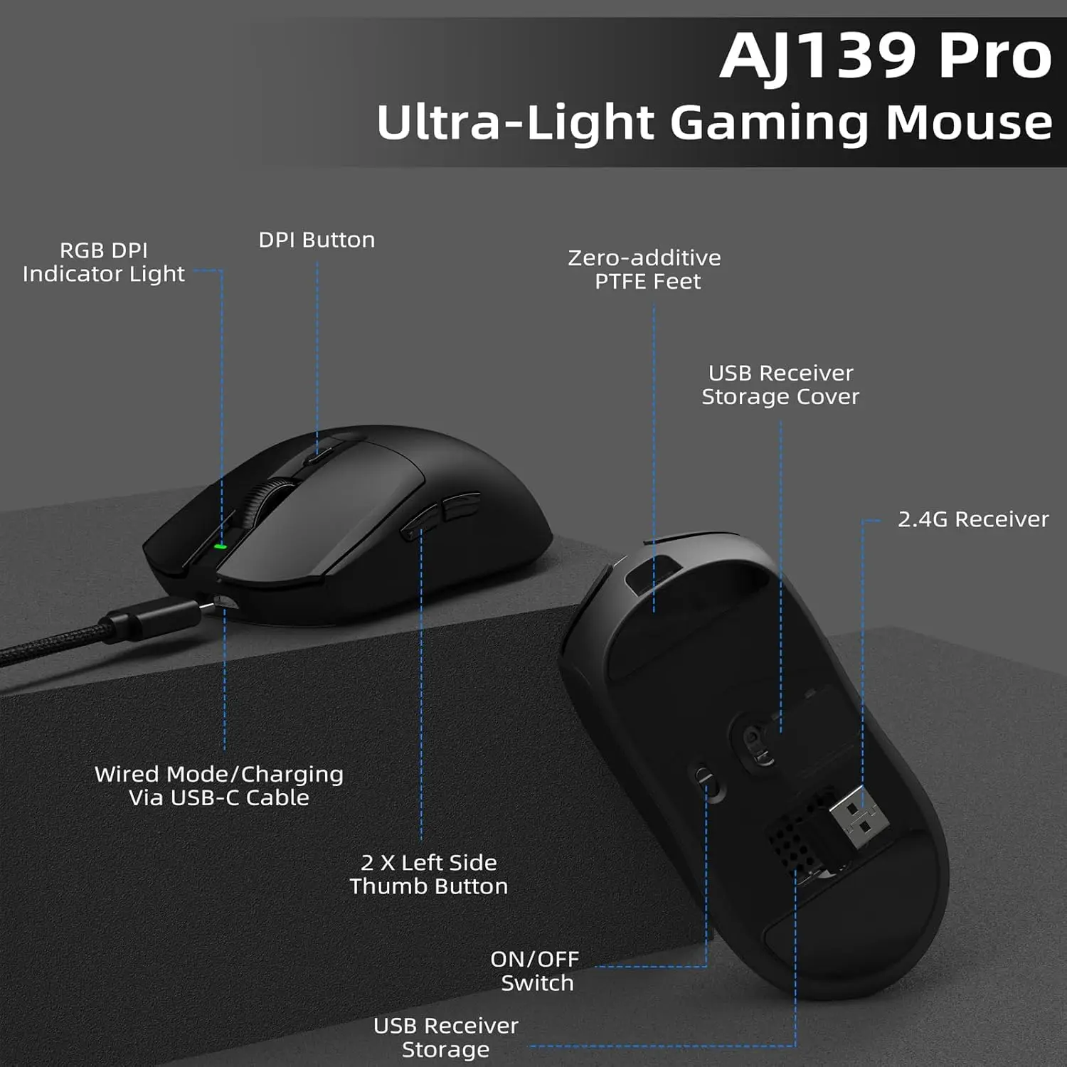 AJAZZ AJ139 PRO Bezprzewodowa mysz gamingowa, odpowiednia dla użytkowników z dużymi dłońmi, lekka konstrukcja o wadze 39 gramów, czujnik PAW3395, kabel do transmisji danych Type-C, podświetlana kabel AJ139PRO
