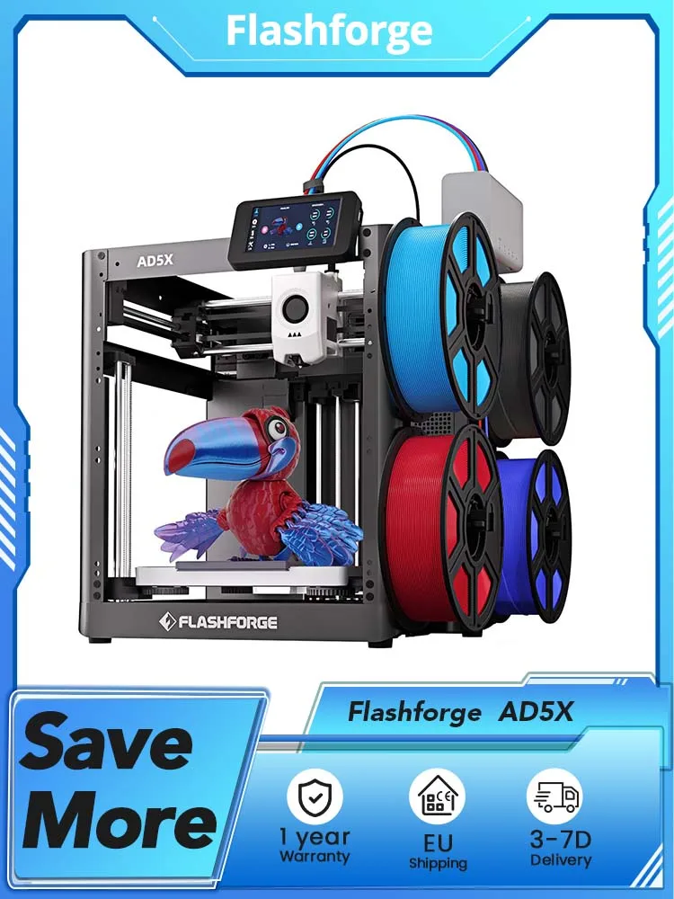 Drukarka 3D Flashforge AD5X 4-kolorowa – szybkość 600 mm/s, wznowienie druku w 99% w przypadku awarii, ustawienie w 10 minut, szeroki obszar obsługiwanych filamentów (PLA/PETG/ASA i inne), maksymalna