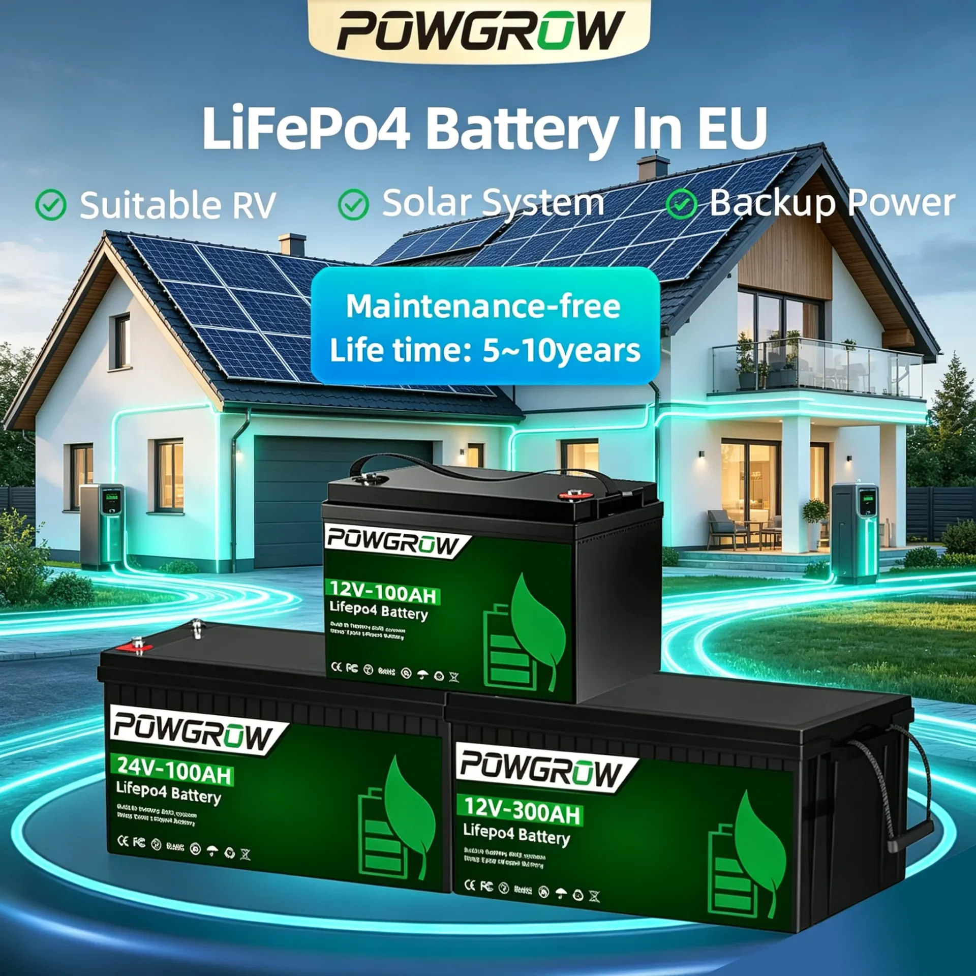Akumulator LiFePO4 POWGROW 12V 300Ah 100Ah lub 24V 100Ah, litowo-żelazowo-fosforanowy z wbudowanym BMS, ponad 6000 cykli ładowania, do inwerterów, solarnych systemów, kamperów, bez podatku. 12V 100AH