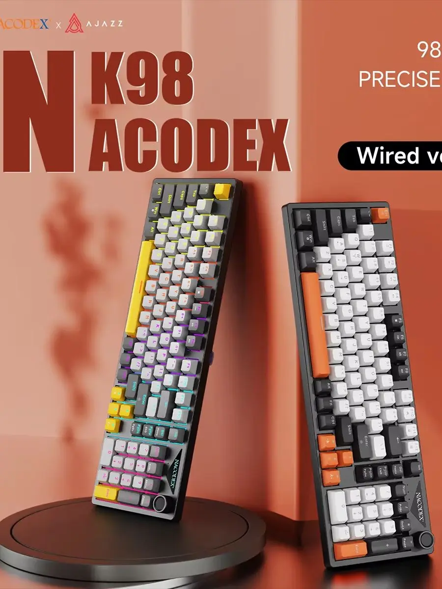 Przewodowa klawiatura gamingowa AJAZZ NK98 z układem 98 klawiszy, w pełni obsługująca mechaniczne klawiatury z możliwością wymiany podczas pracy (hot-swap). Green Axis yellow