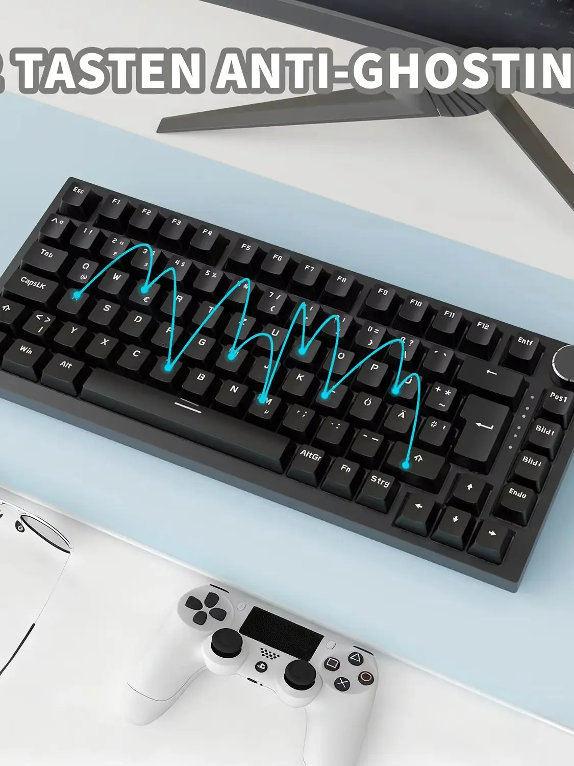 Niemiecka wersja mechanicznej klawiatury gamingowej AJAZZ AK820, niemiecka klawiatura, układ ISO-DE QWERTZ, hot-swappable, pokrętło regulacji głośności, prezent na święta. czarny
