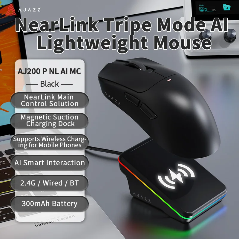 AJAZZ AJ200P NL AI MC Bezprzewodowa mysz gamingowa NearLink z magnetyczną stacją ładującą, obsługuje bezprzewodowe ładowanie telefonów komórkowych, interakcję z inteligentną maszynową inteligencją BIAŁY