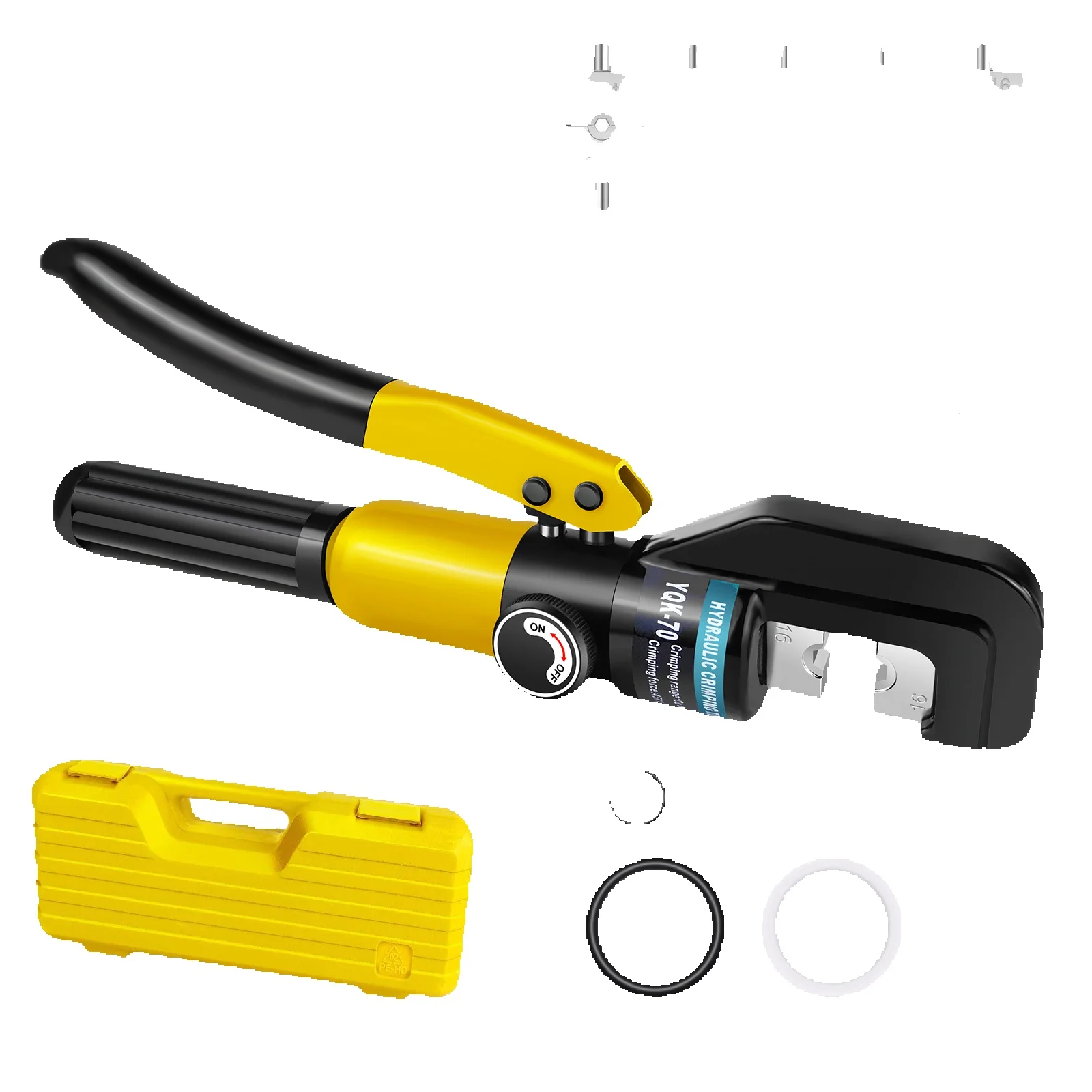 Elektryczne narzędzia hydrauliczne do zaciskania, ręczne szczypce do zaciskania kabli 4-70mm² z 9 matrycami + pierścienie uszczelniające, zestaw. Walizka transportowa do prasowania złącz kablowych Żółty