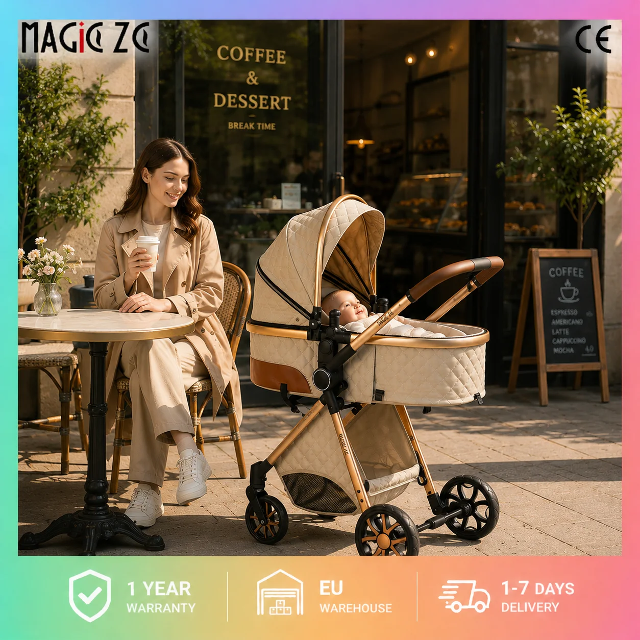 Wózek dziecięcy Magic ZC 3 w 1, kompaktowy składany wózek z gondolą, fotelikiem samochodowym i odwracanym siedziskiem, wysoki wózek spacerowy, koła z amortyzacją, regulowana rączka, składanie jedną LIGHTGREY