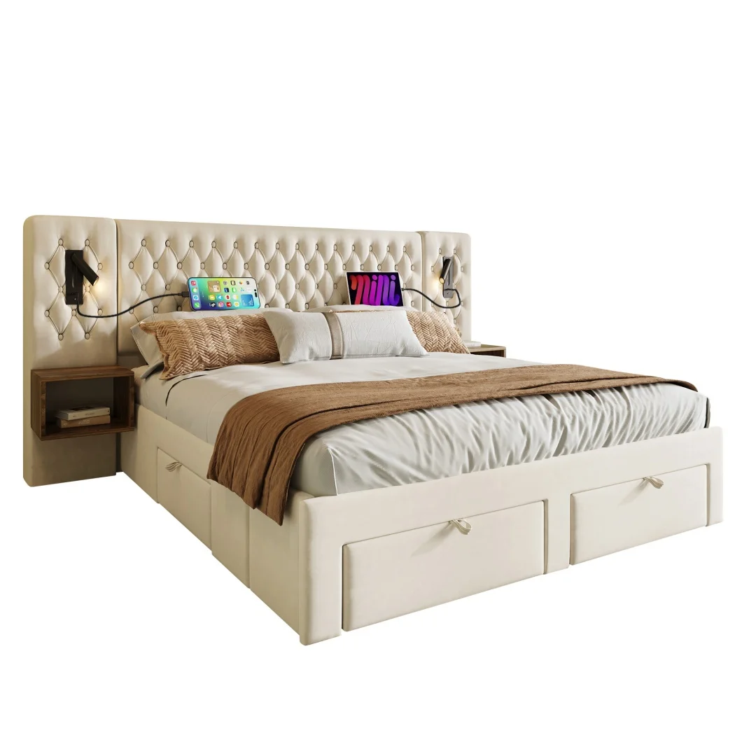 Kompletny zestaw do sypialni, łóżko tapicerowane dwuosobowe 180×200 cm z 2 szafkami nocnymi i 4 szufladami, lampka nocna z funkcją ładowania USB, beżowy, aksamit (bez materaca) Beige 160cm*200cm AB30097901B