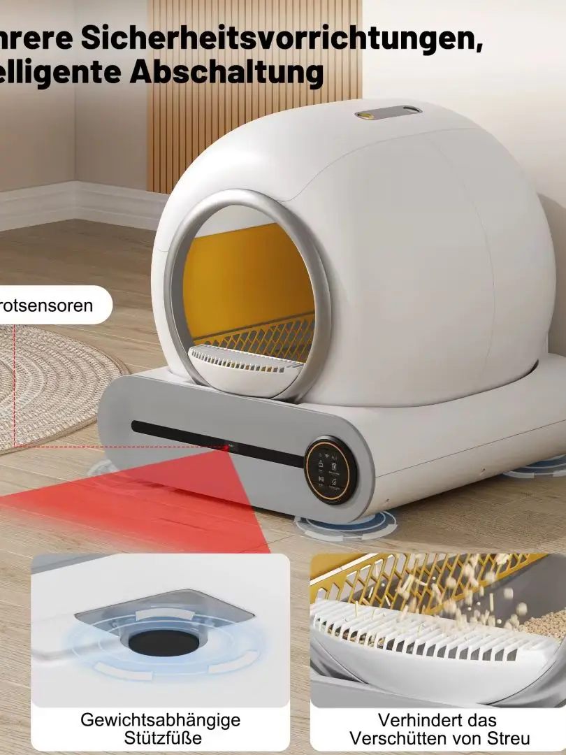 Automatyczna, inteligentna kuweta dla kota 65L, adaptacyjna kuweta samooczyszczająca się dla wielu kotów, automatyczne zbieranie odchodów, kompatybilna z różnymi rodzajami żwiru, czujnik podczerwieni, White