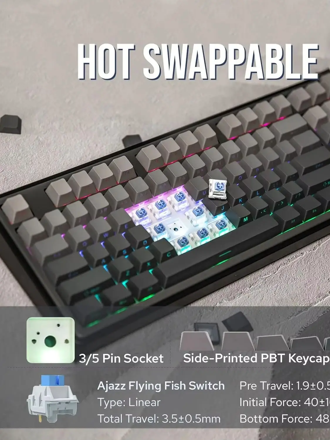 AJAZZ AK870 Mechaniczna Klawiatura Gamingowa: 87 Klawiszy, Przewodowa, Hot-Swappable, Podświetlenie RGB, Konstrukcja z Montażem Dolnym BIAŁY