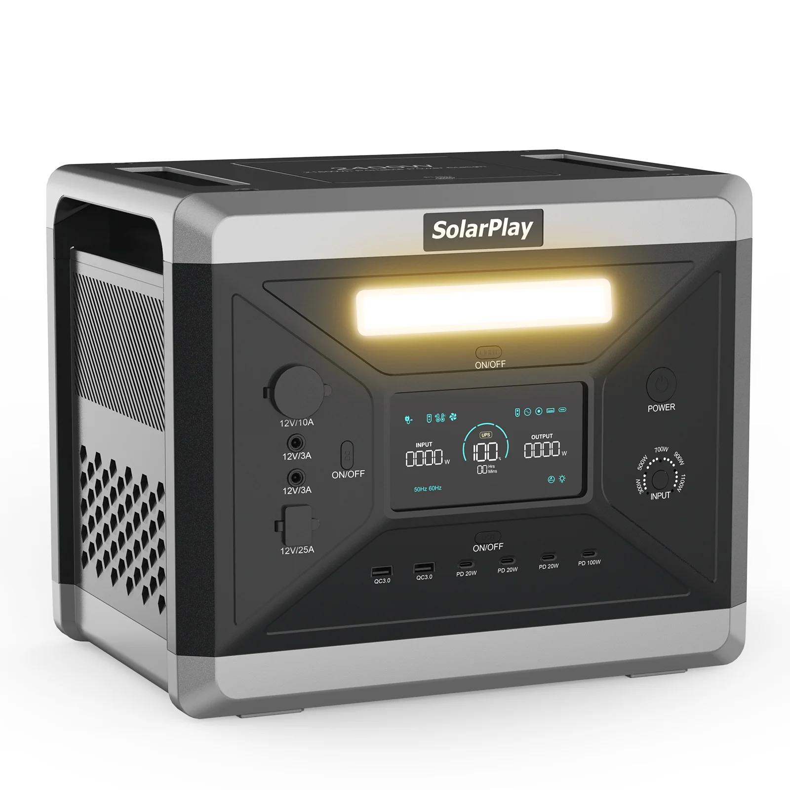 Przenośna stacja zasilania SOLARPLAY, bateria LiFePO4 2160Wh, 2400W (4800W na szczyt), generator solarny do awaryjnego zasilania w domu, na kempingu i na przyjęcia w ogrodzie.