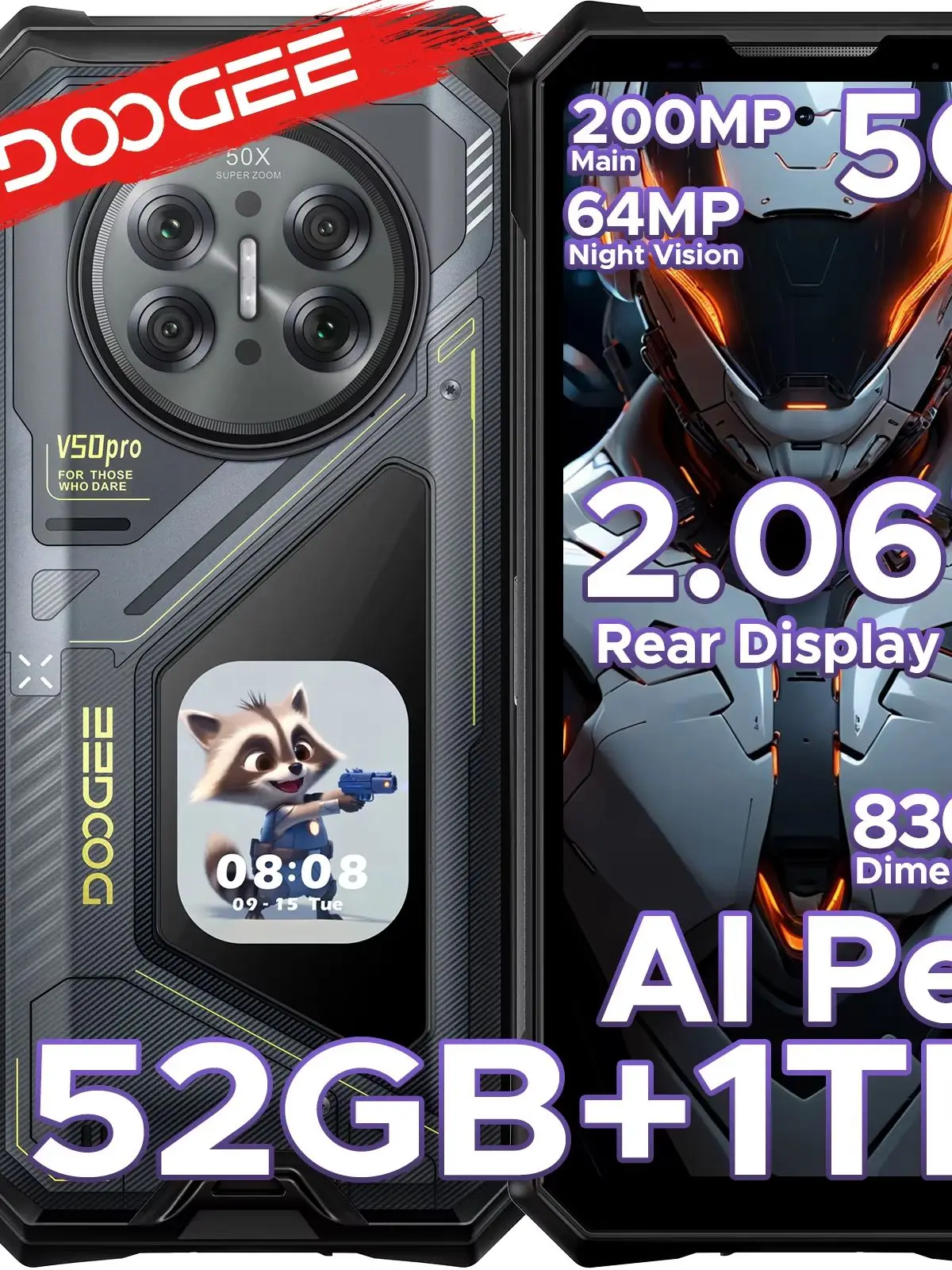 DOOGEE V50 Pro 5G AI Wytrzymały telefon komórkowy 6,78 cala Dimensity 8300 52GB RAM (16+36) 1TB ROM z wielofunkcyjnym wyświetlaczem tylnym AMOLED 2,06 cala, aparat 200MP, aparat noktowizyjny 64MP, 16GB 512GB Black