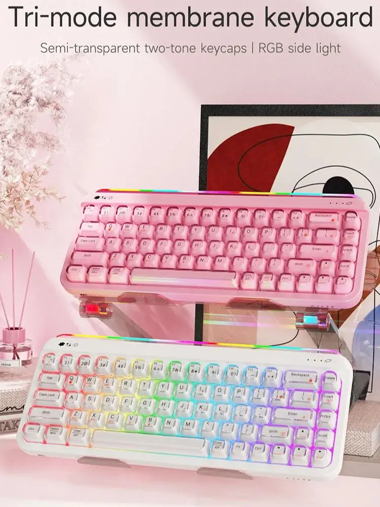 Klawiatura biurowa AJAZZ AF68 z membranową membrą, baterią 4000mAh, podświetleniem RGB, bezprzewodową trójtrybową komunikacją Bluetooth, idealna do gier na PC i pracy biurowej. White Tri-Mode
