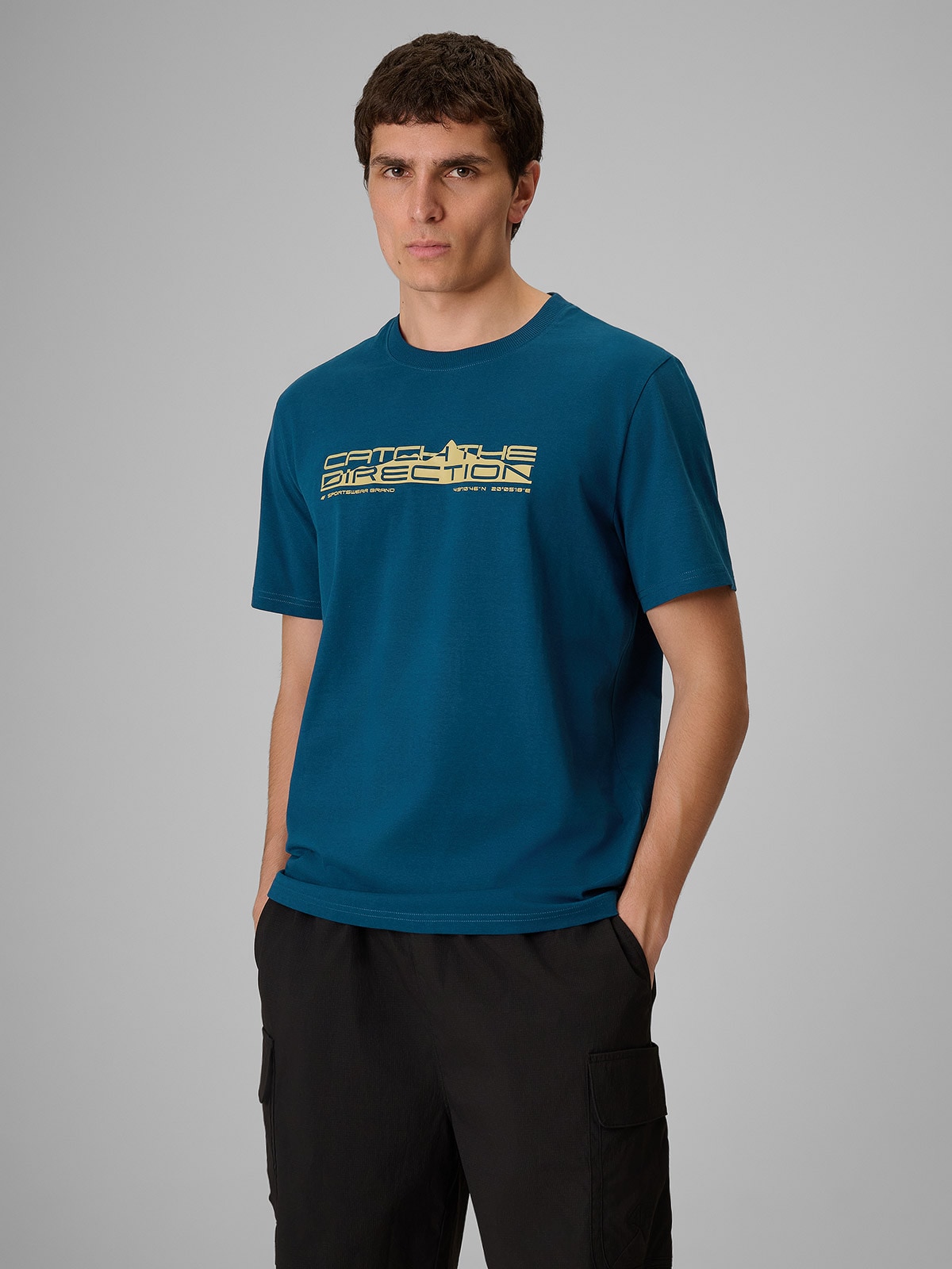 4F T-shirt regular z nadrukiem męski - turkusowy S