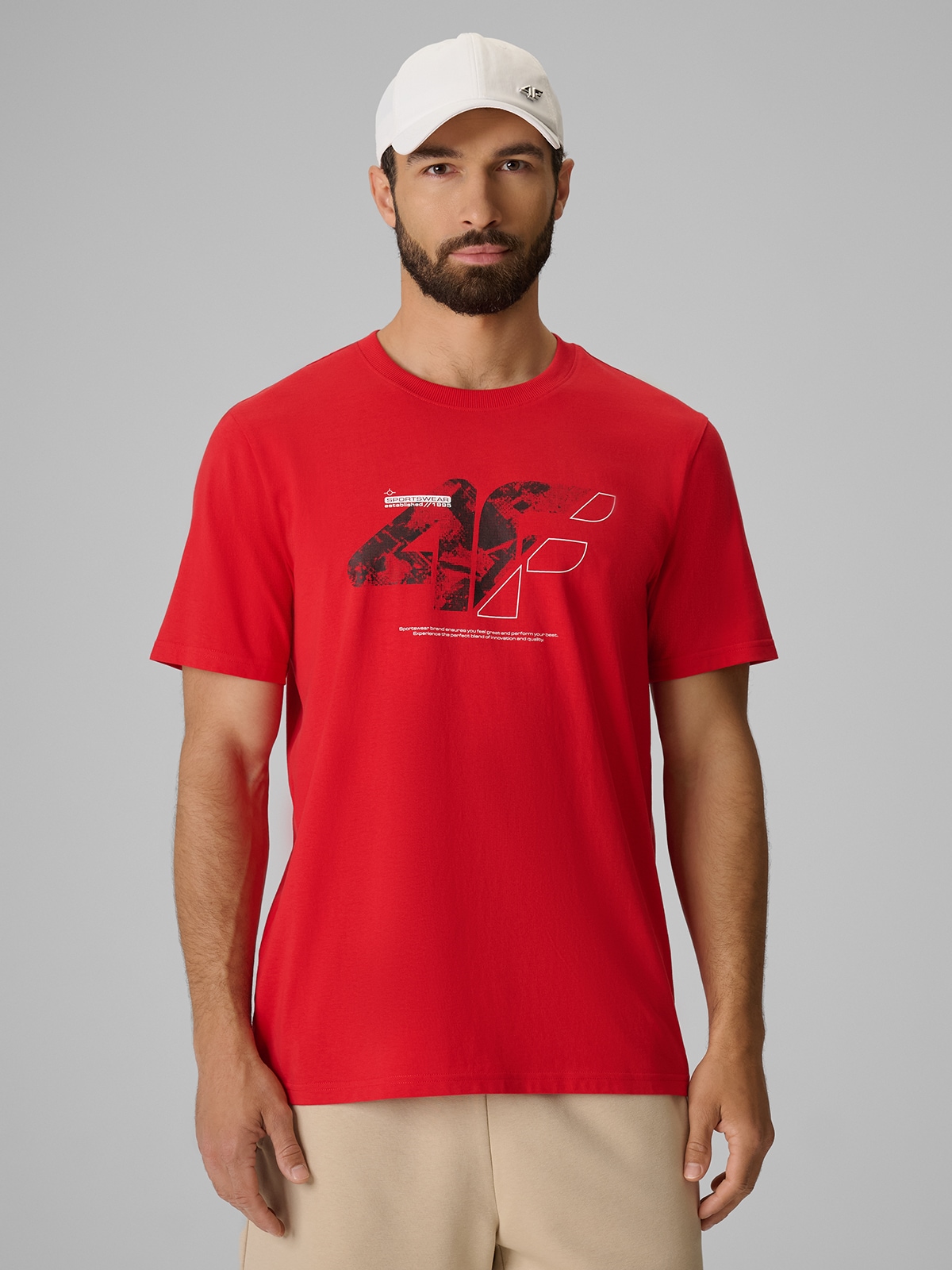4F T-shirt regular z nadrukiem męski - czerwony XL