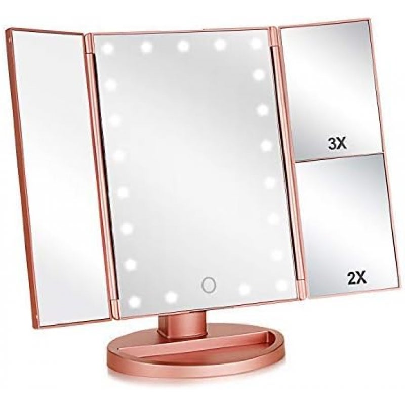 Lustro do makijażu LED, lusterko kosmetyczne podświetlane diodami LED, powiększenie 1X/2X/3X, obrót o 180 stopni (różowe złoto)