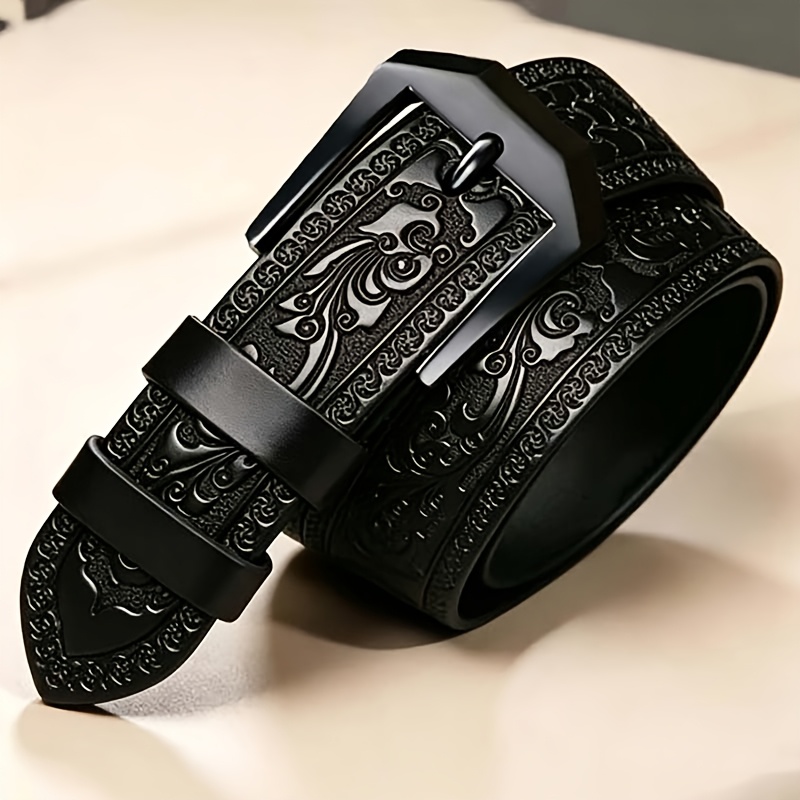 TEMU Retro Męski Pasek z Rozcięciem ze Skóry z Wytłaczanym Efektem 3D, Klamra z Metalu Stopowego Odporna na Zarysowania, Uniwersalny Pasek Biznesowy