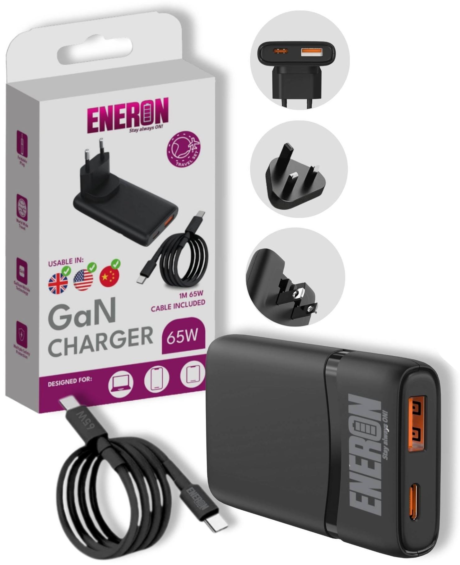 Ładowarka GaN 65W 1xUSB-C 1xUSB-A Czarna