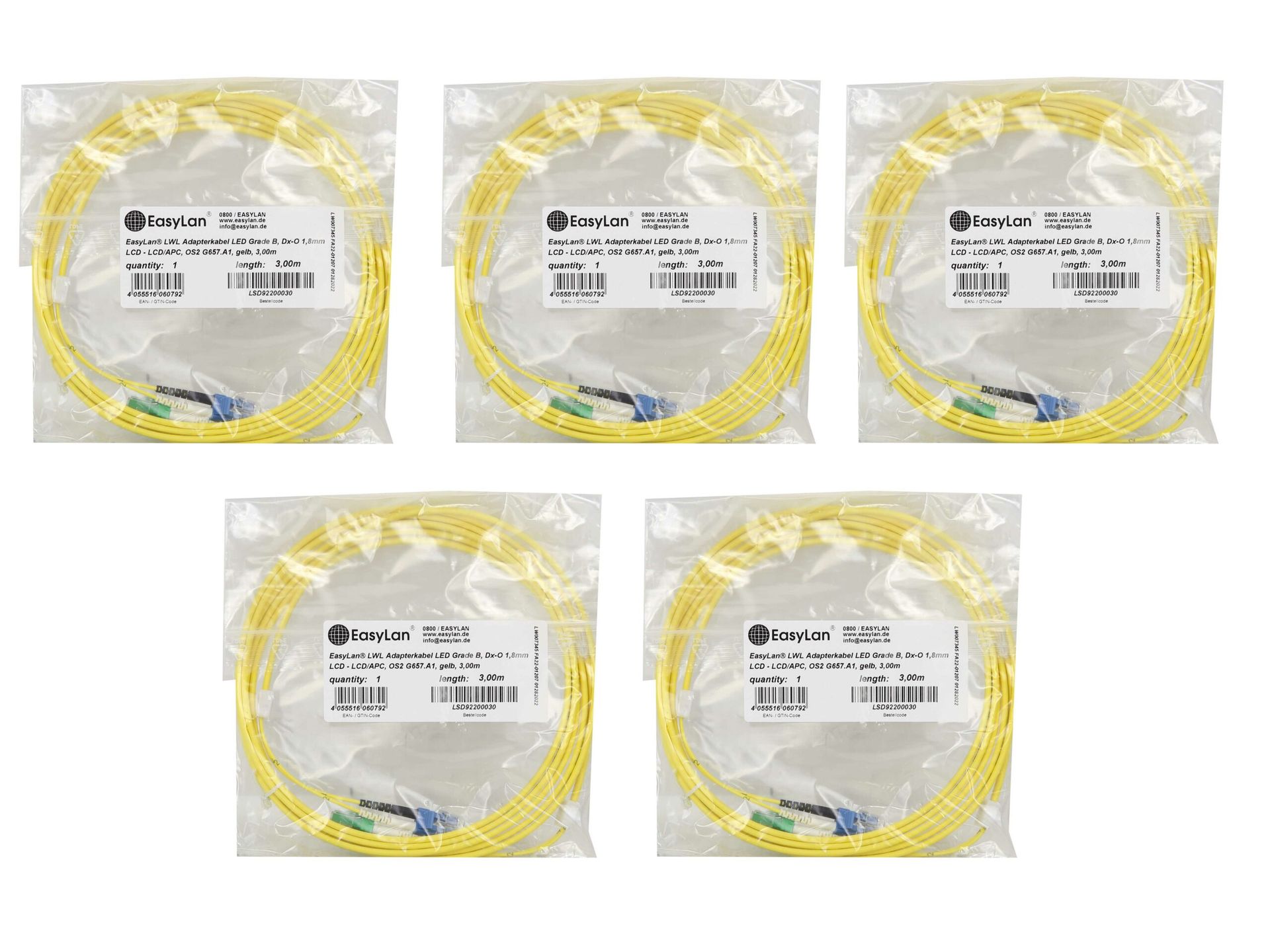5x Kabel EasyLan LSD92200030 LED Grade B LCD-LCD/APC, OS2 G657.A1 3m Nowy