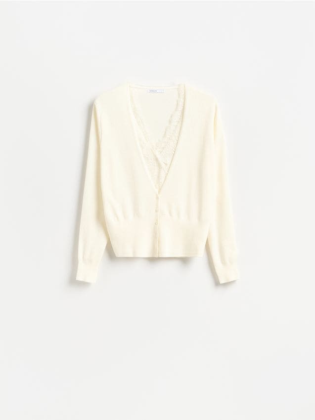 Reserved - Kardigan z koronką - kremowy