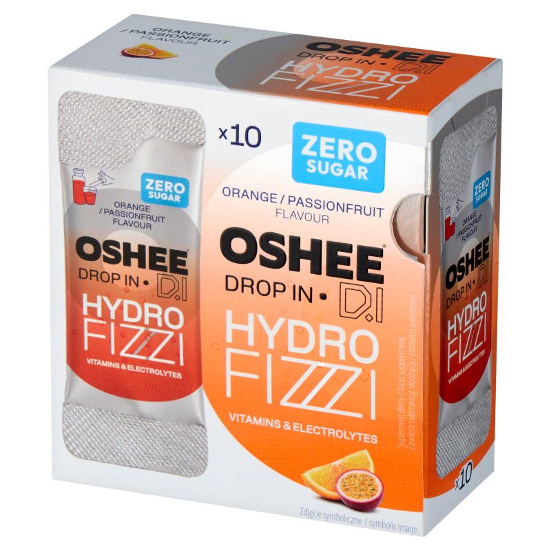 OSHEE DROP IN Hydro Fizzi Witaminy + elektrolity o sm. pomarańczy i marakui (10 sasz.) - suplement diety