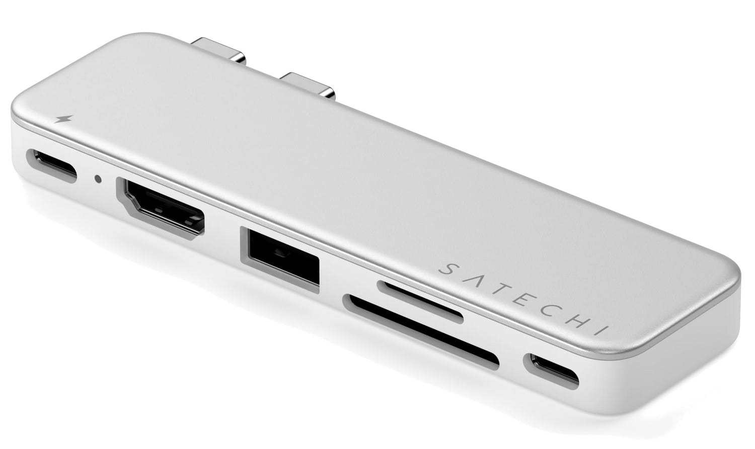 Satechi USB-C Snap Hub USB-C USB-A HDMI 4K czytnik kart micro/SD 104 MB/s USB-C PD passthrrough 45W - silver ST-HUSNS
