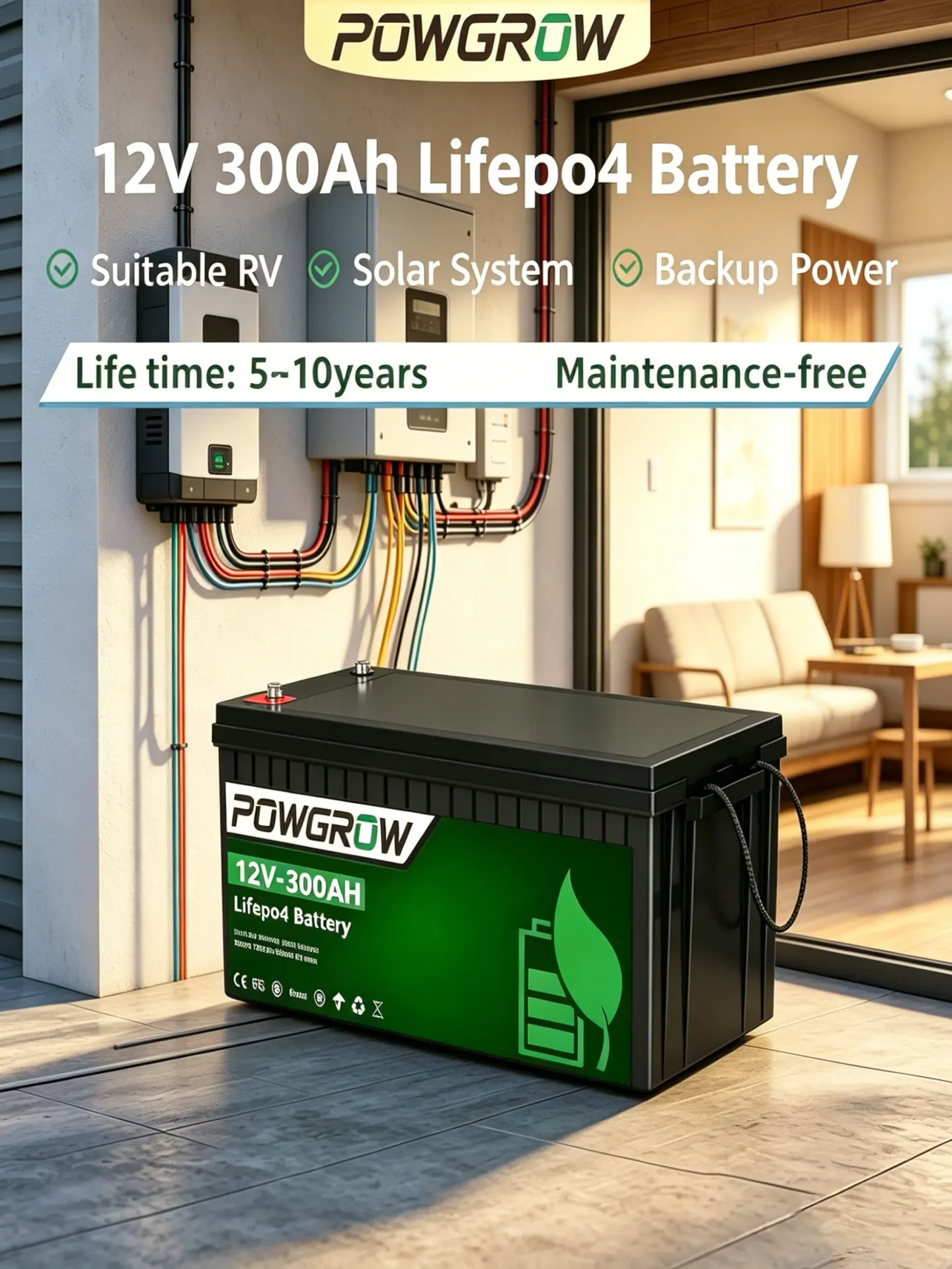 Akumulator LiFePO4 POWGROW 12V 300Ah 100Ah lub 24V 100Ah, litowo-żelazowo-fosforanowy z wbudowanym BMS, ponad 6000 cykli ładowania, do inwerterów, solarnych systemów, kamperów, bez podatku. 12V 300AH