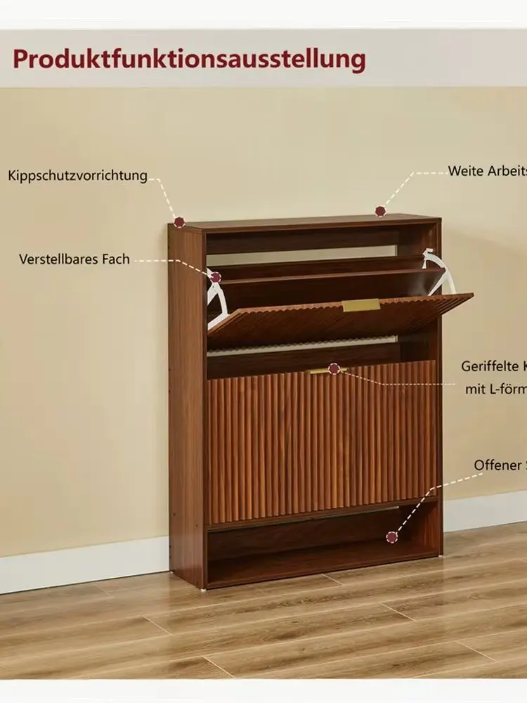 Waska Szafka na Buty z Drzwiami do Przedpokoju, Orzechowa Szafka 80x24x102 cm, Front Ryflowany, Regulowane Polki, Zabezpieczenie Przed Przewroceniem Slim Walnut Shoe Cabinet with