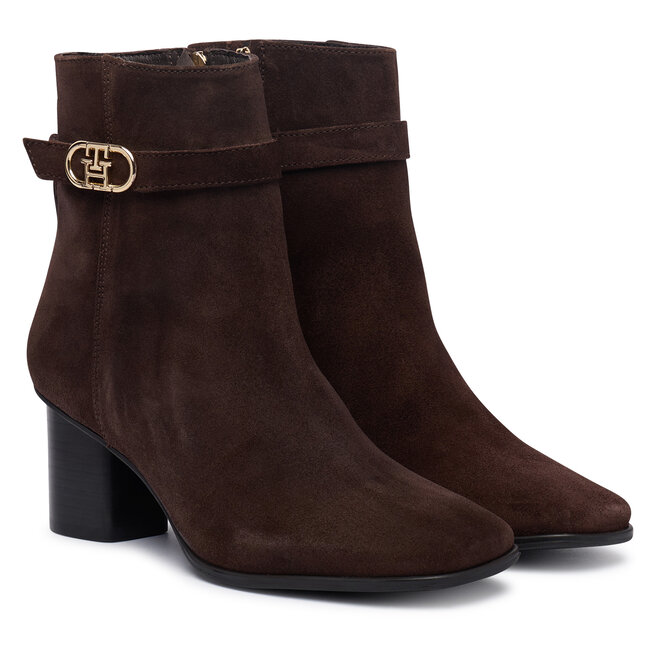 Botki Tommy Hilfiger Th Strap Suede Block Heel Boot FW0FW09521 Brązowy ciemny