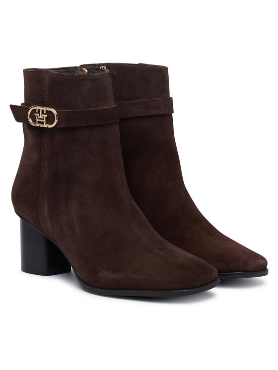 Tommy Hilfiger Botki Th Strap Suede Block Heel Boot FW0FW09521 Brązowy ciemny