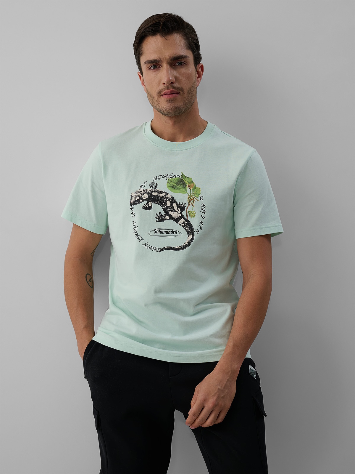 4F T-shirt regular z nadrukiem męski - turkusowy XXL
