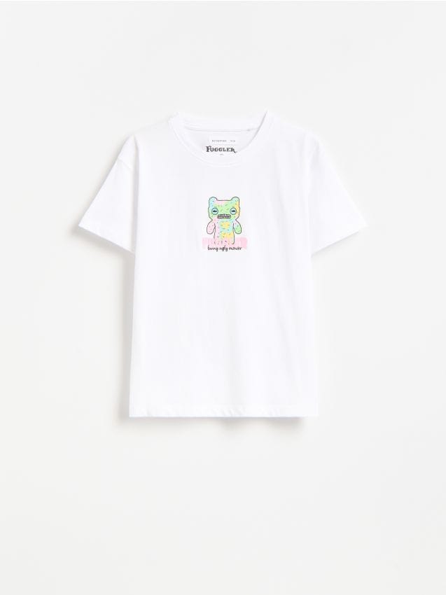 Reserved - T-shirt z nadrukiem Fuggler - złamana biel