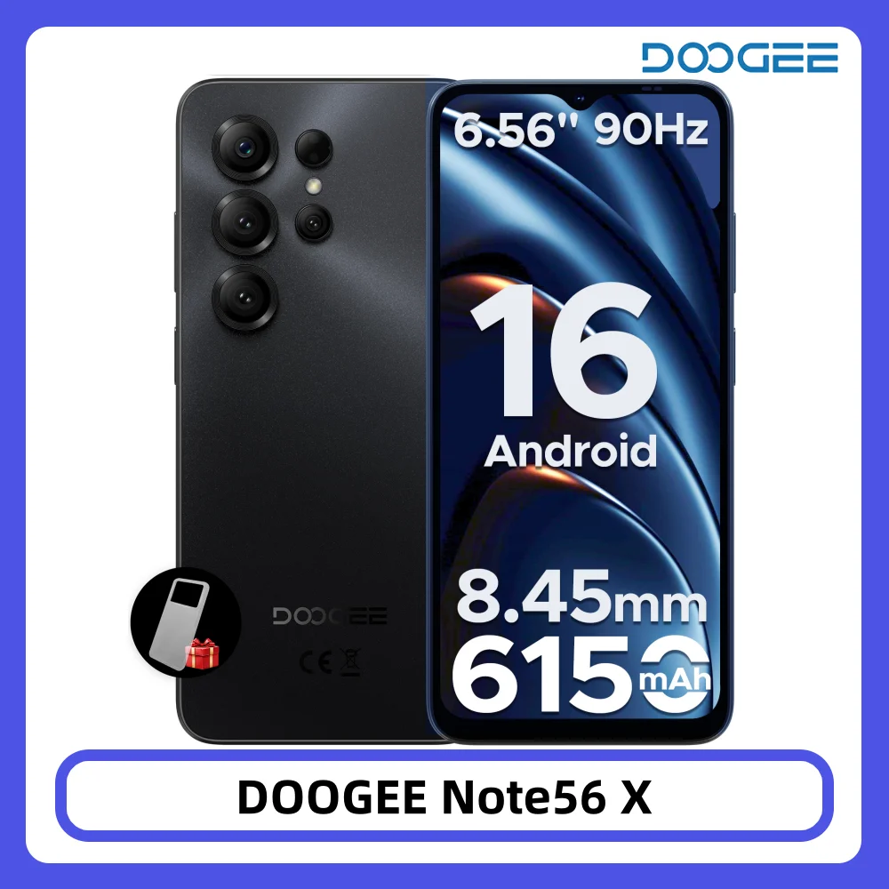 DOOGEE Note56 X Android 16 Smartfon z dużą baterią 6150mAh, 24GB 64GB, ekran HD+ 6.56 cala, aparat 8MP+5MP, odblokowywanie twarzą, telefon komórkowy 3GB 64GB Gold