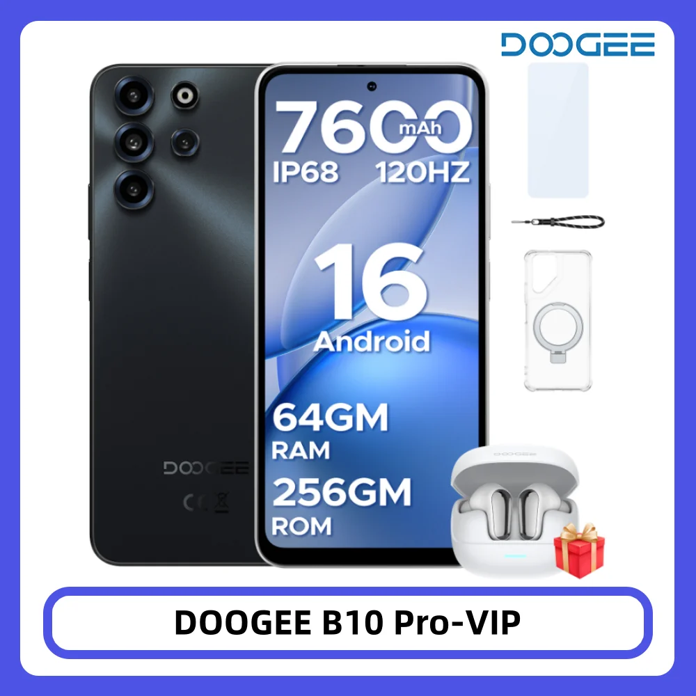 Smartfon DOOGEE B10 Pro 64GB+256GB 6,63” FHD 120Hz Wyświetlacz IP68 Helio G100 Bateria 7600mAh Aparat 64MP Android 16 NFC VIP Edition Gray