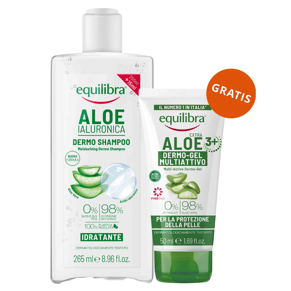 Equilibra Aloe, szampon nawilżający, aloesowy, 265 ml + żel aloesowy multi-active, 50 ml gratis