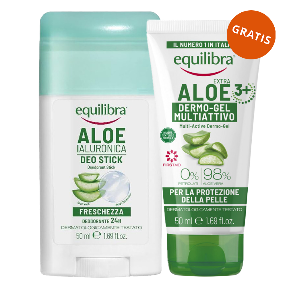 Equilibra Aloe Ialuronica, aloesowy dezodorant w sztyfcie z kwasem hialuronowym, 50 ml + żel aloesowy multi-active, 50 ml gratis