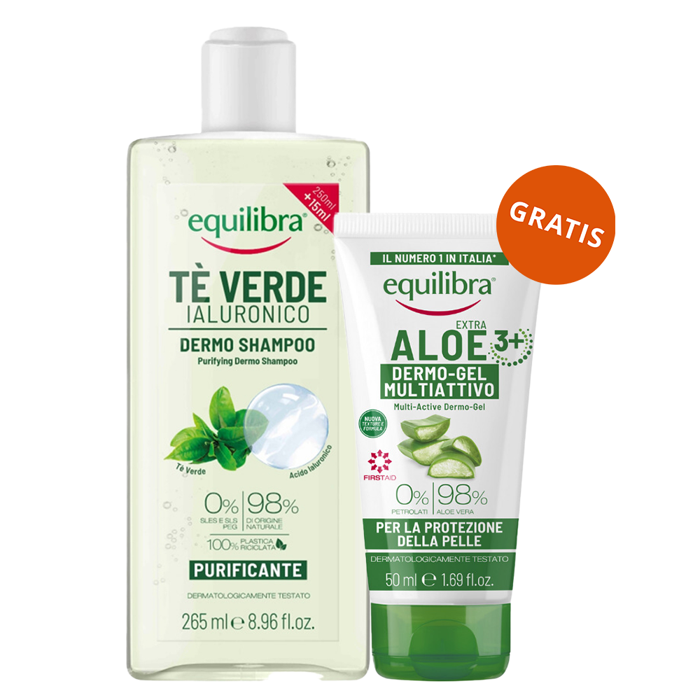 Equilibra Dermo, szampon oczyszczający, zielona herbata i kwas hialuronowy, 265 ml + żel aloesowy multi-active, 50 ml gratis
