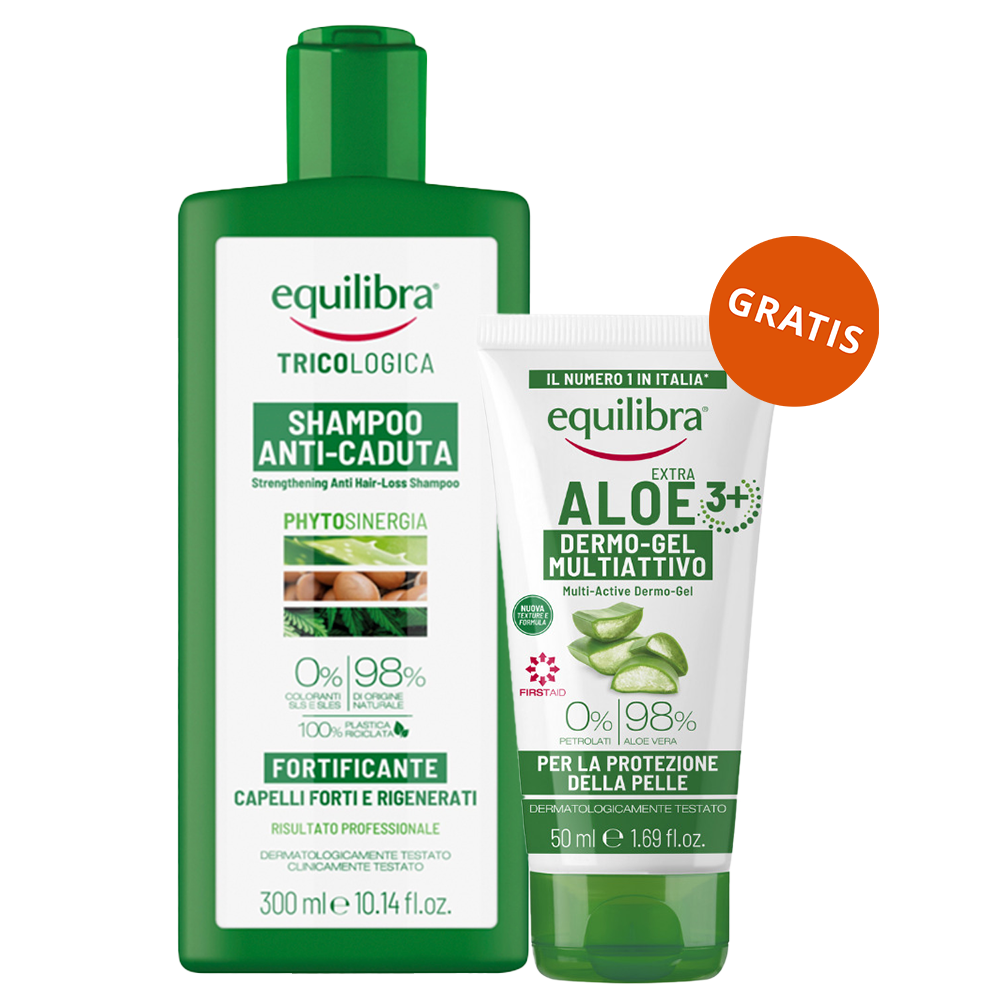 Equilibra Tricologica, wzmacniający szampon przeciw wypadaniu włosów, 300 ml + żel aloesowy multi-active, 50 ml gratis