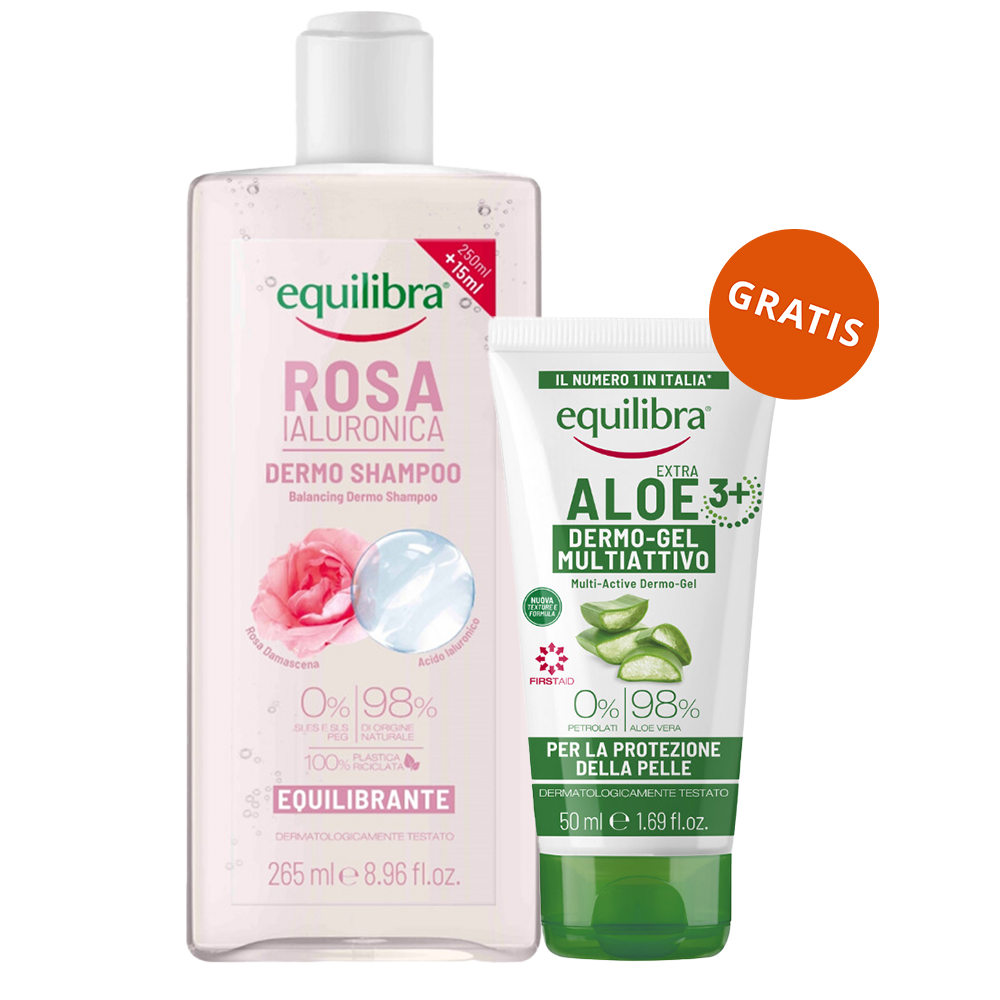 Equilibra Rosa, szampon równoważący, róża i kwas hialuronowy, 265 ml + żel aloesowy multi-active, 50 ml gratis