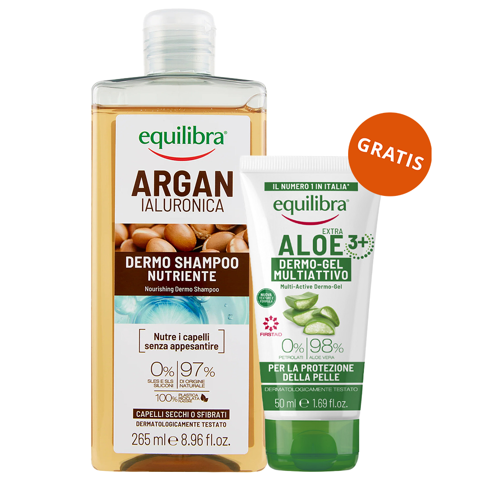Equilibra Argan, szampon odżywczy, argan i kwas hialuronowy, 265 ml + żel aloesowy multi-active, 50 ml gratis