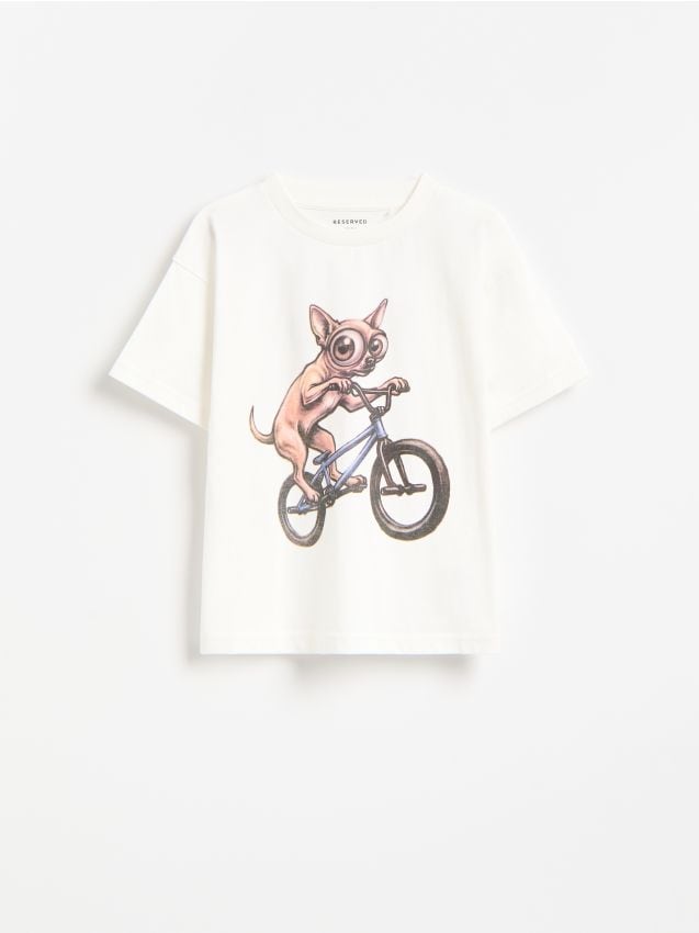 Reserved - Bawełniany t-shirt z nadrukiem - złamana biel