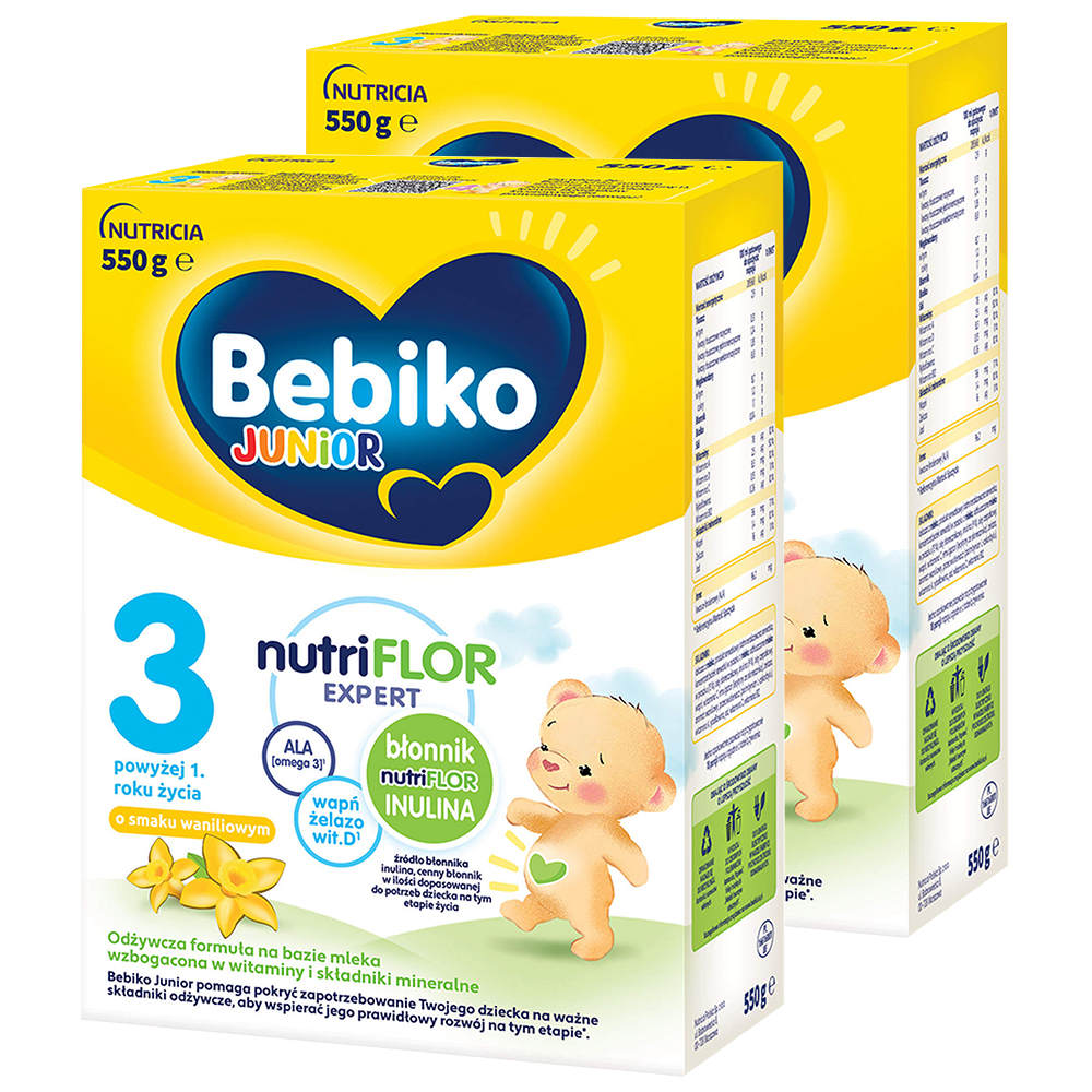 Zestaw Bebiko Junior 3 Nutriflor Expert, odżywcza formuła na bazie mleka, powyżej 1 roku, smak waniliowy, 2 x 550 g