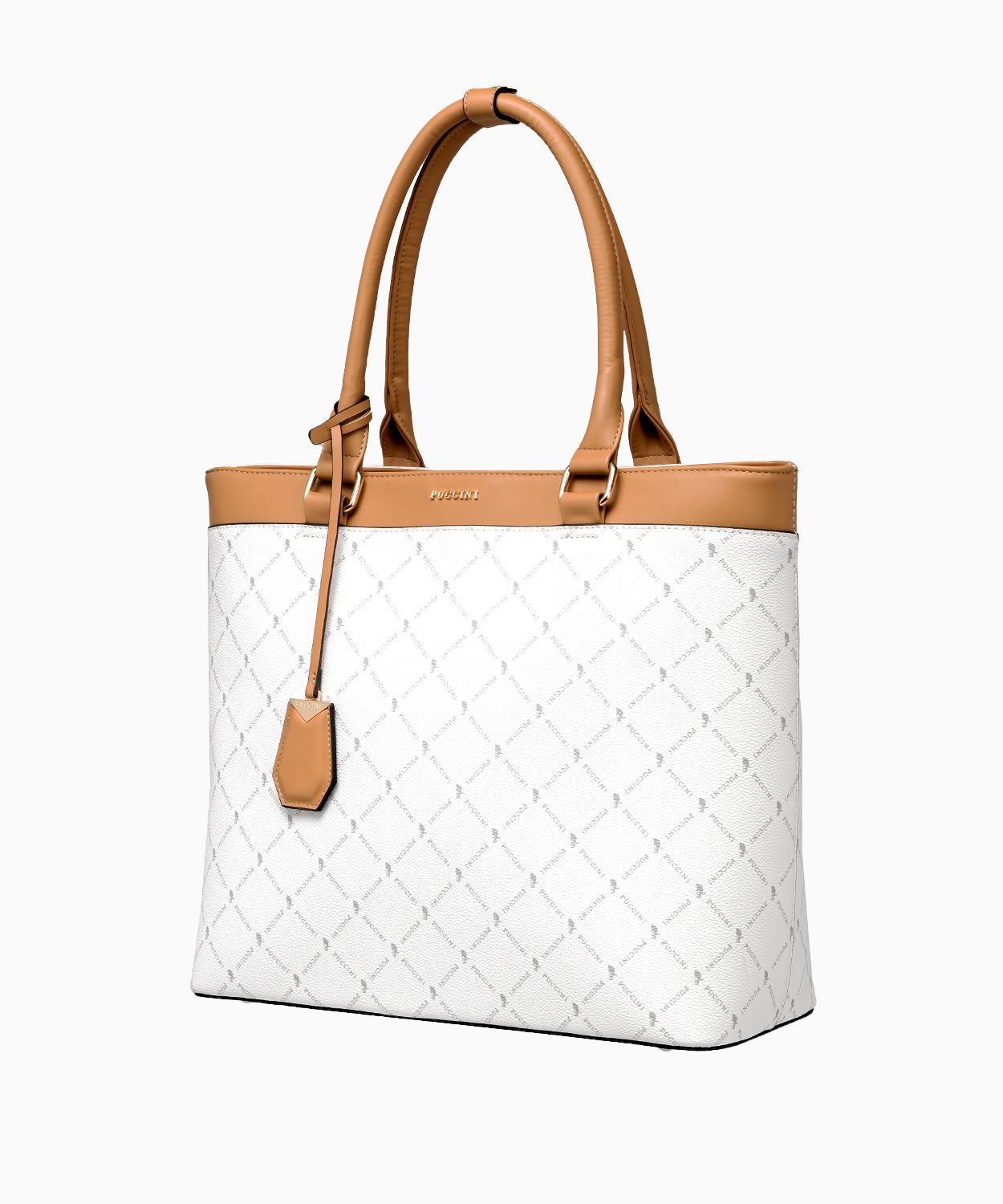 Elegancka logowana torebka typu shopper z ozdobnym brelokiem biała