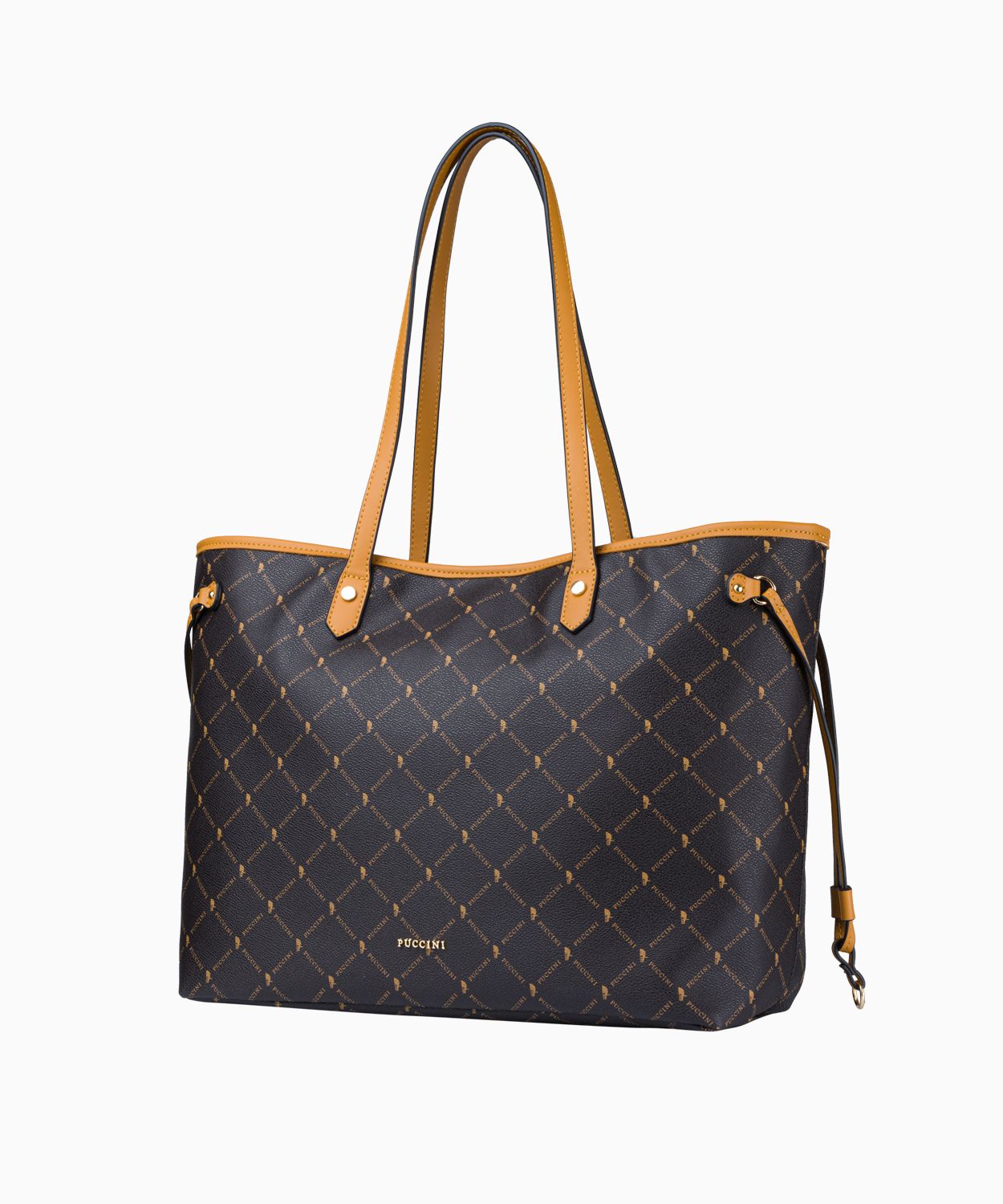 Duża brązowa shopperka w monogramowy wzór z kosmetyczką