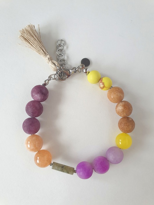 Bransoletka BOHO ART jadeit, jaspis, labradoryt, fiolet, żółty, beż