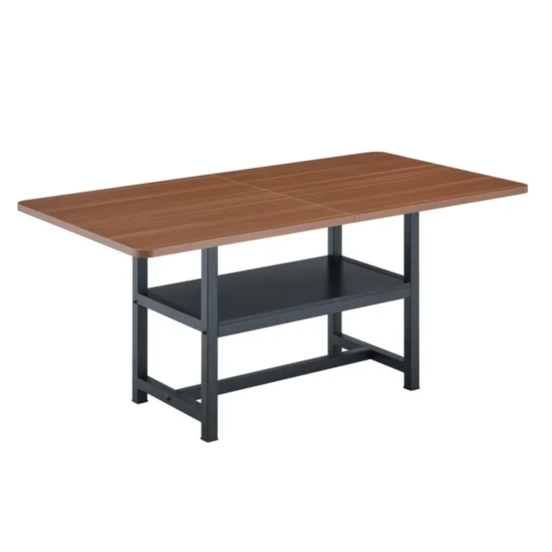 Prostokątny stół do jadalni w kolorze orzechowym 160×90×76 cm z czarnymi metalowymi nogami i wielofunkcyjną półką dla 4-6 osób